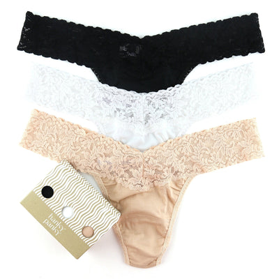 Hanky Panky - 3 Pack SUPIMA® Cotton Low Rise Thongs with Lace - Black/White/Chai - View 1