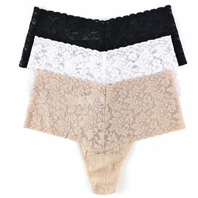 3 Pack Printed Retro Lace Thong - Online Exclusive in Black/White/Chai - Hanky Panky - View 1