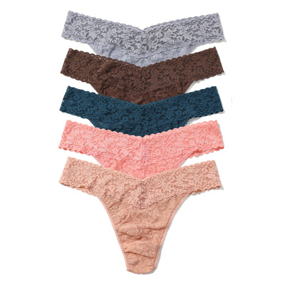 Hanky Panky - 5 Pack Signature Lace Original Rise Thong - Hpb1-Shining Armor Grey/Cappuccino/Deep Water Blue/Ballet Pink/S - View 1