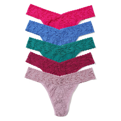 Hanky Panky - 5 Pack Signature Lace Original Rise Thong - Hpf1-Pink Ruby/Sea Blue/Dark Teal/Bright Amethyst/Water Lily - View 1