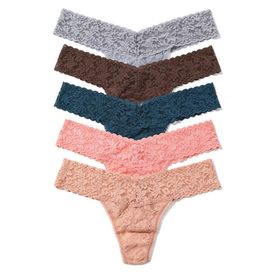 Hanky Panky - 5 Pack Signature Lace Low Rise Thong - Hpb1-Shining Armor Grey/Cappuccino/Deep Water Blue/Ballet Pink/S - View 1