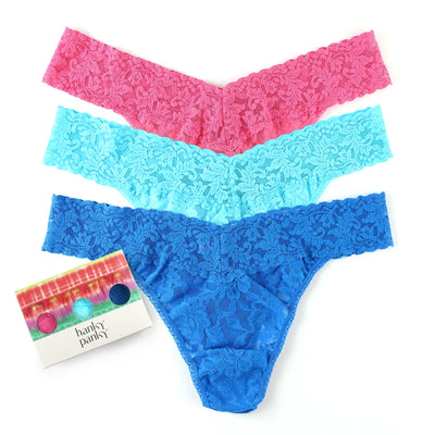 3 Pack Signature Lace Original Rise Thongs  in Sugar Rush Pink/Beau Blue/Cerulean Blue - Hanky Panky - View 1