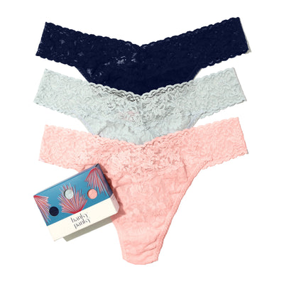 Hanky Panky - 3 PackSignature Lace Original Rise Thong  - Odyssey Blue / Peral Grey / Rosewater - View 1