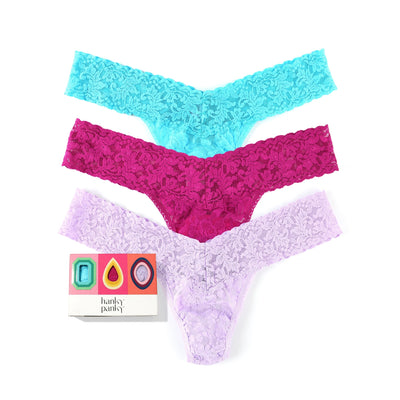Hanky Panky - 3 Pack Signature Lace Low Rise Thong  - Beau Blue / Bright Amythest / Cool Lavender - View 1