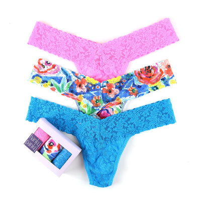 Hanky Panky - 3-Pack Low Rise Thongs - Online Exclusive - Fiesta Pink /  Brilliant Blooms / Fiji Blue - View 1