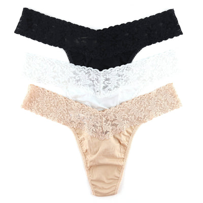 Hanky Panky - 3 Pack SUPIMA® Cotton Original Rise Thongs with Lace - Black/White/Chai - View 1